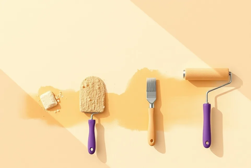 Outils de peinture disposés dans l'ordre des étapes du chantier