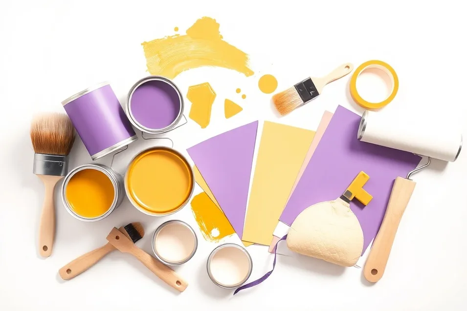 Pots de peinture, nuancier, brosses et rouleaux disposés à plat