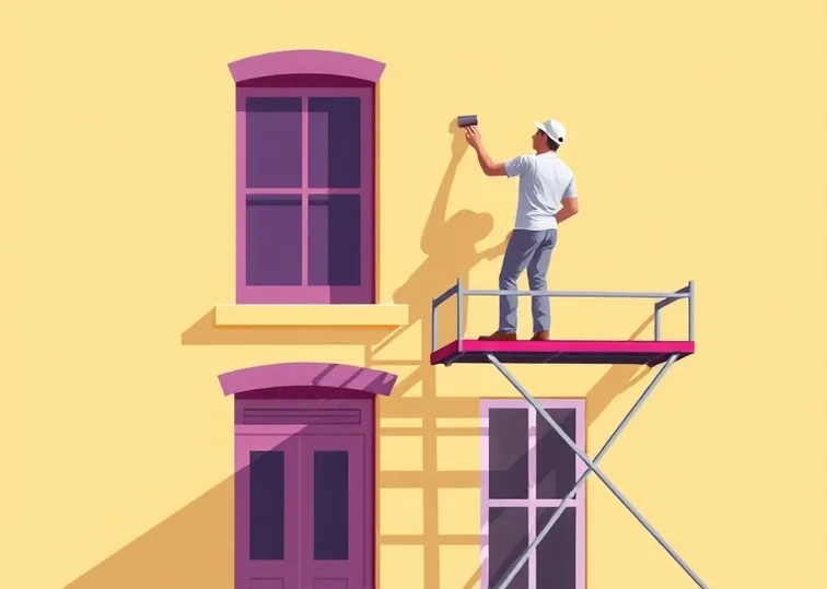 Peintre sur échafaudage traitant la façade d'une maison