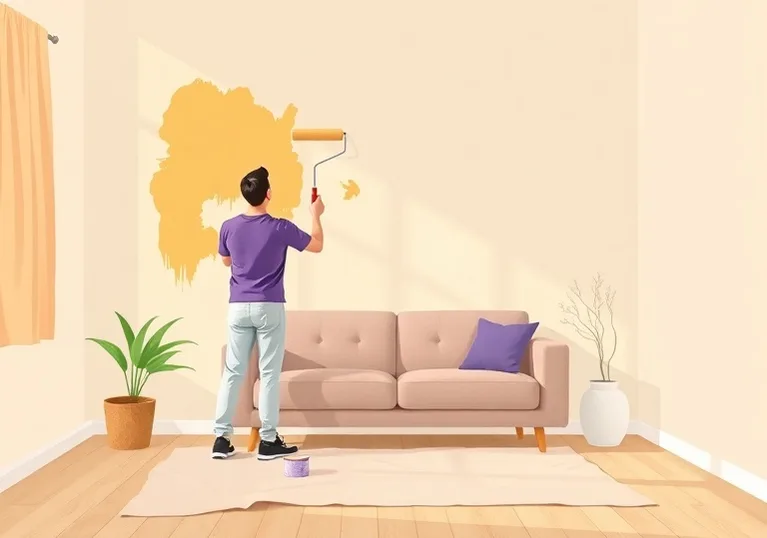 Peintre appliquant la peinture au rouleau sur un mur de salon